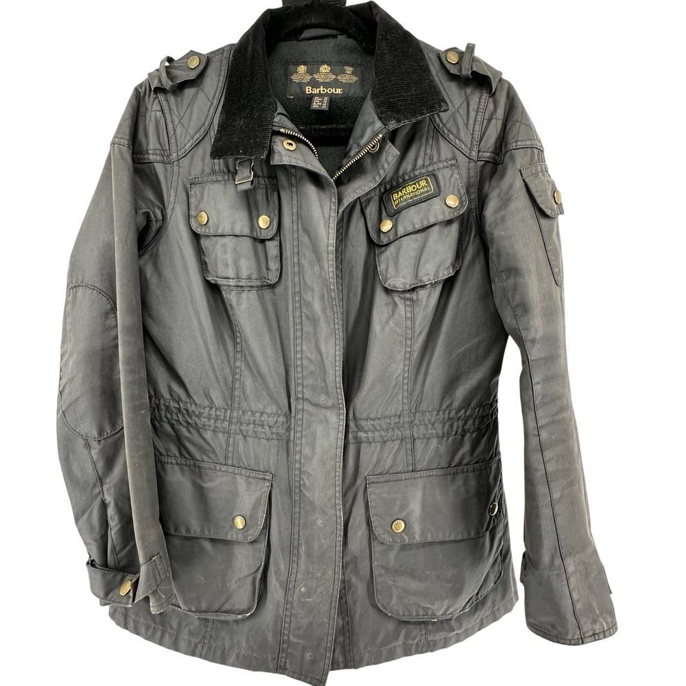 Barbour International Waxed Cotton Jacket Corduroy Collar Utility Women 10 Black